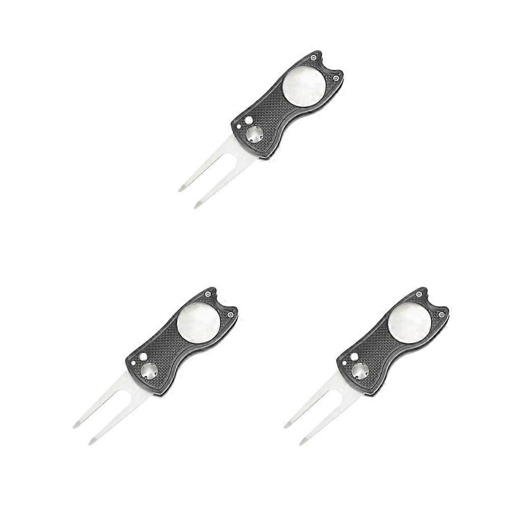 Golf Pitch Fork for Golf Course Repair, Switchblade Tool, Black with Ball Marker, 12 x 3 x 1.5 cm, Set of 3