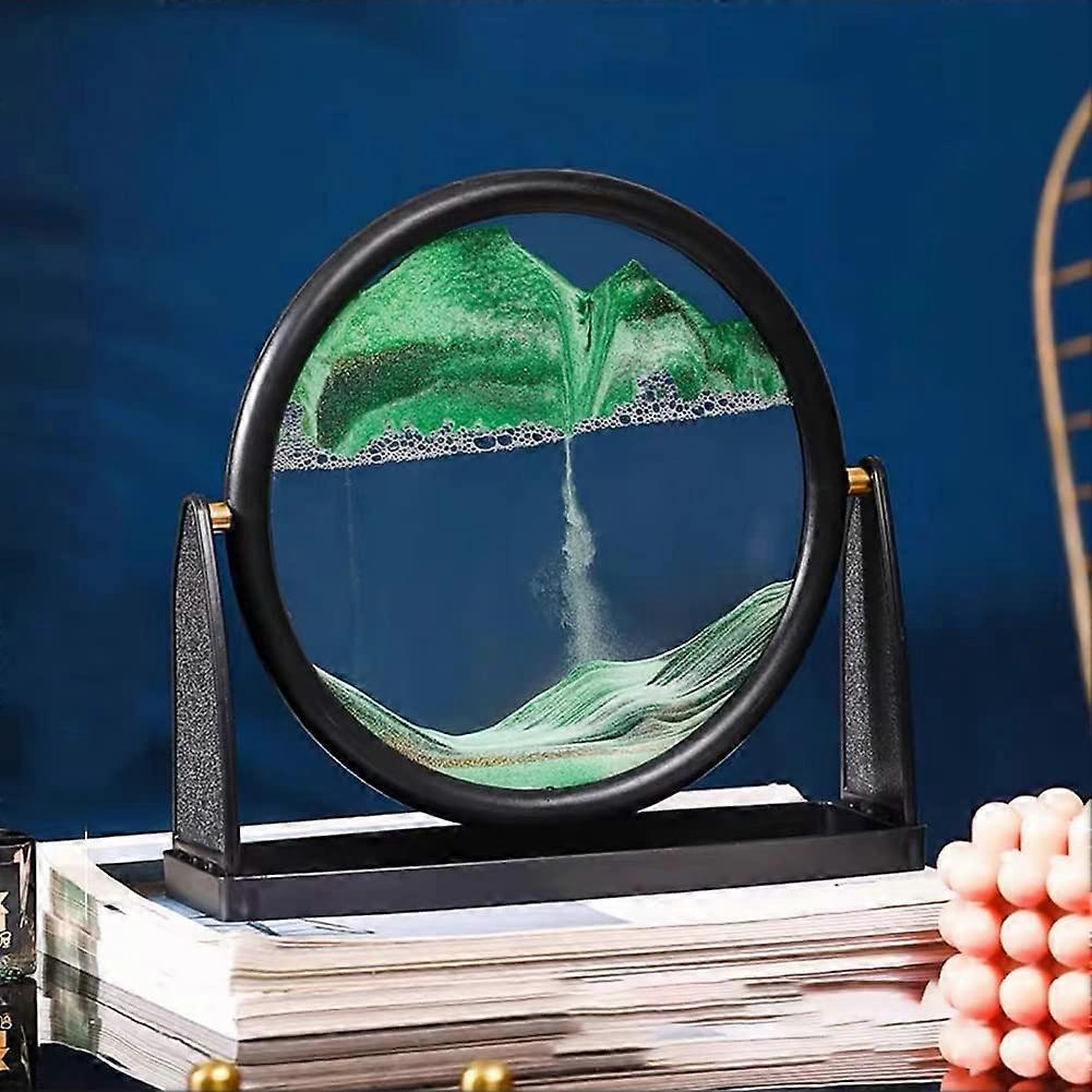 Rotating Sand Art Picture - 3D Motion Display, Round Glass, Desktop Home Office Decoration, Green Sand Painting Gift