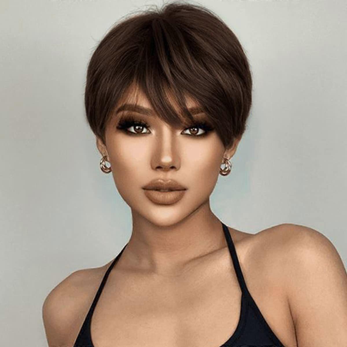 Short Brown Pixie Cut Wigs with Bangs Layered Pixie Short Wavy Hair Wig Natural