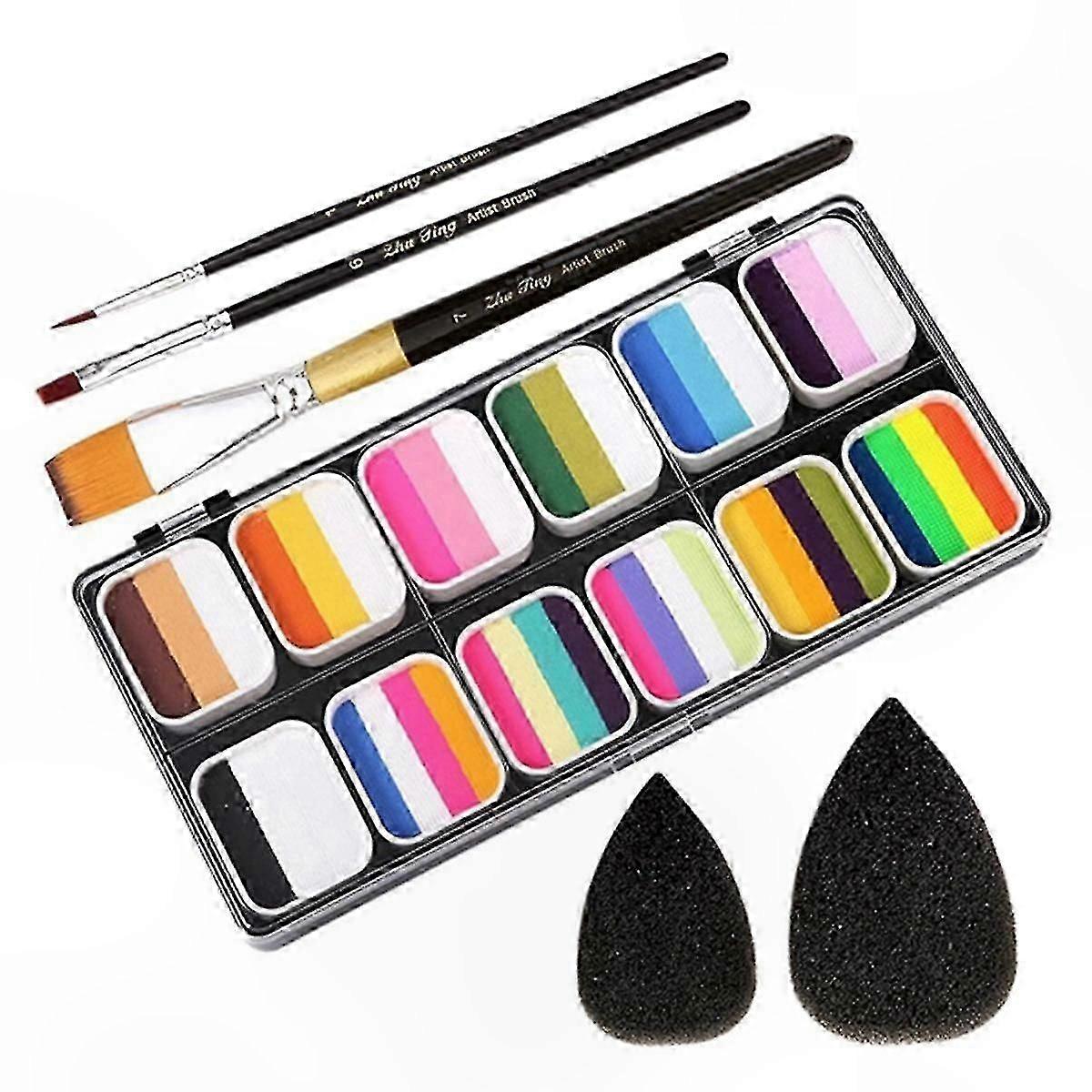 Water-Activated Face Paint Set with 12-Color Palette, 3 Brushes, and 2 Sponges for Creative Designs