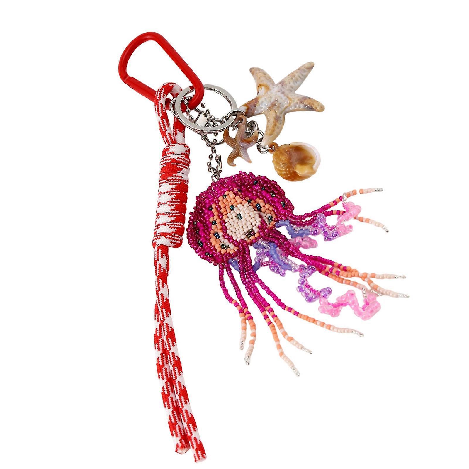 Ethnic Style Jellyfish Keychain Handcrafted Alloy Bag Charm Multi Level Bohemian Tassels For Backpack Purse Decoration  Red