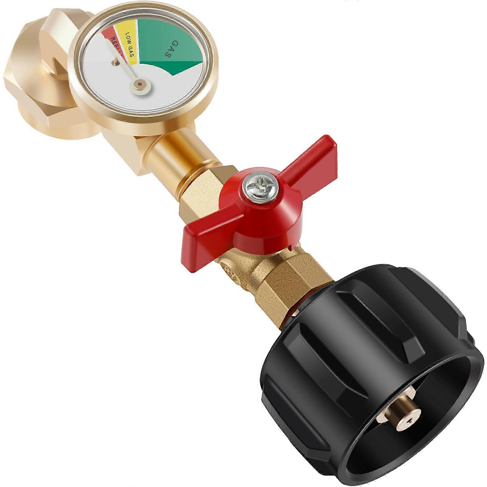 Propane Refill Adapter with Gauge, 90Degree Solid Brass Tank Connector for Fast 1 lb Bottle Refills