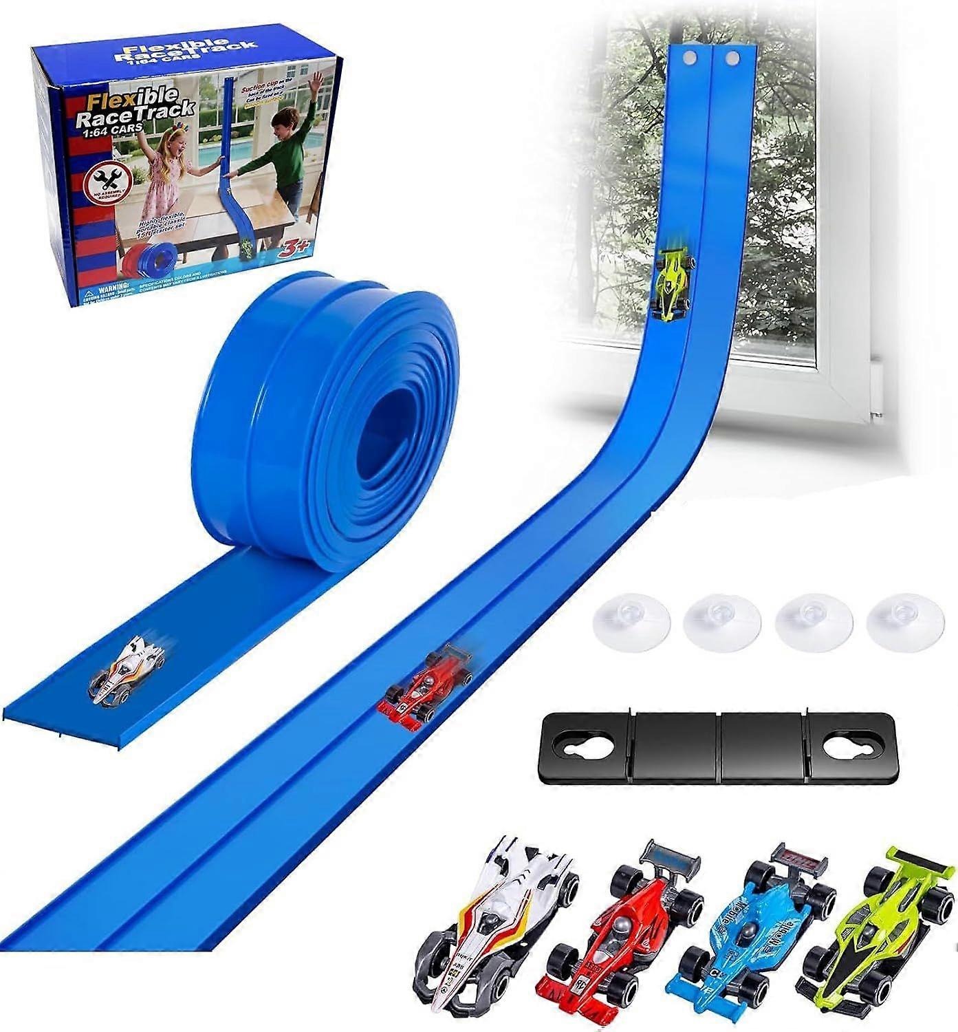 Flexible Race Car Track for Kids 5m Flex Tracks Starter Set Compatible with Diecast 1/64th Cars Portable Rolls Up Race Tracks with Strong Suction Cups