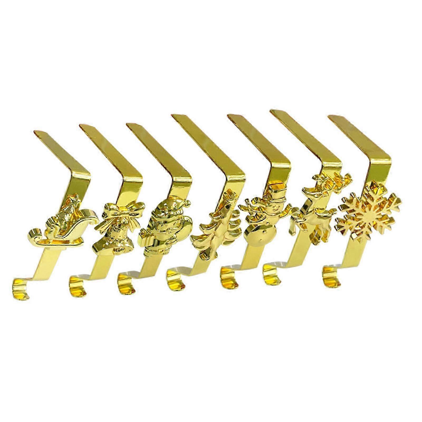 Iron Christmas Tree Stocking Hook with 7 Holiday Patterns, Durable Fireplace Shelf Decoration in Silver