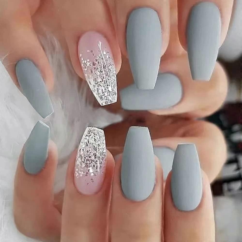 Matte Grey Blue Coffin Press On Nails with Glitter, Medium Length Reusable Acrylic False Nails