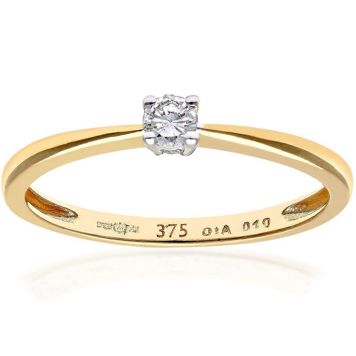 Jewelco London 9ct Yellow Gold Round 10pts Diamond 4 Claw Solitaire Engagement Ring
