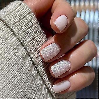 White Short Square Glitter Press On Nails with Glue, 24pcs Coffin Acrylic Fake Nails for Wedding Party