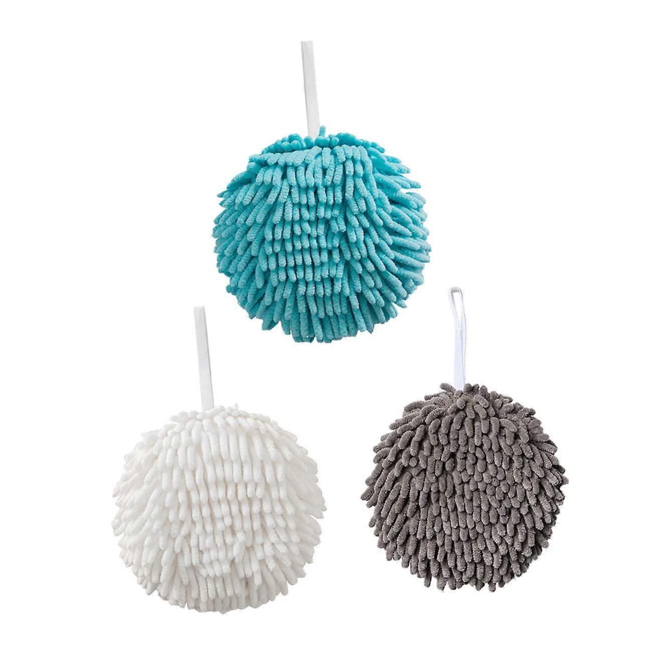 3Pcs Soft Chenille Hanging Hand Towels Quick Dry Spherical Absorbent Kitchen and Bathroom Use
