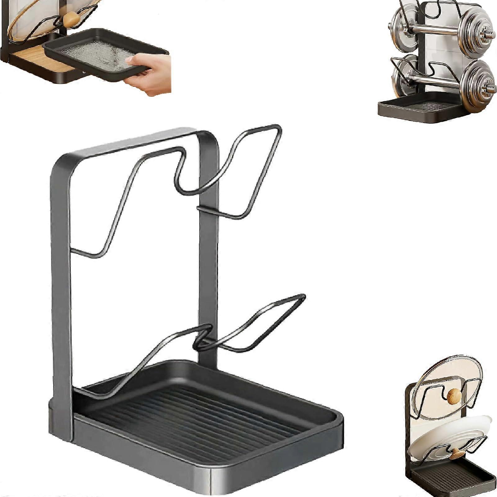 Pot Lid Holder with Drip Tray, RustResistant UShaped Kitchen Lid Organizer and Spoon Rest