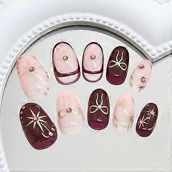 Press on Nails Short Fake Nails with Heart Star Desings Oval Nude Burgundy