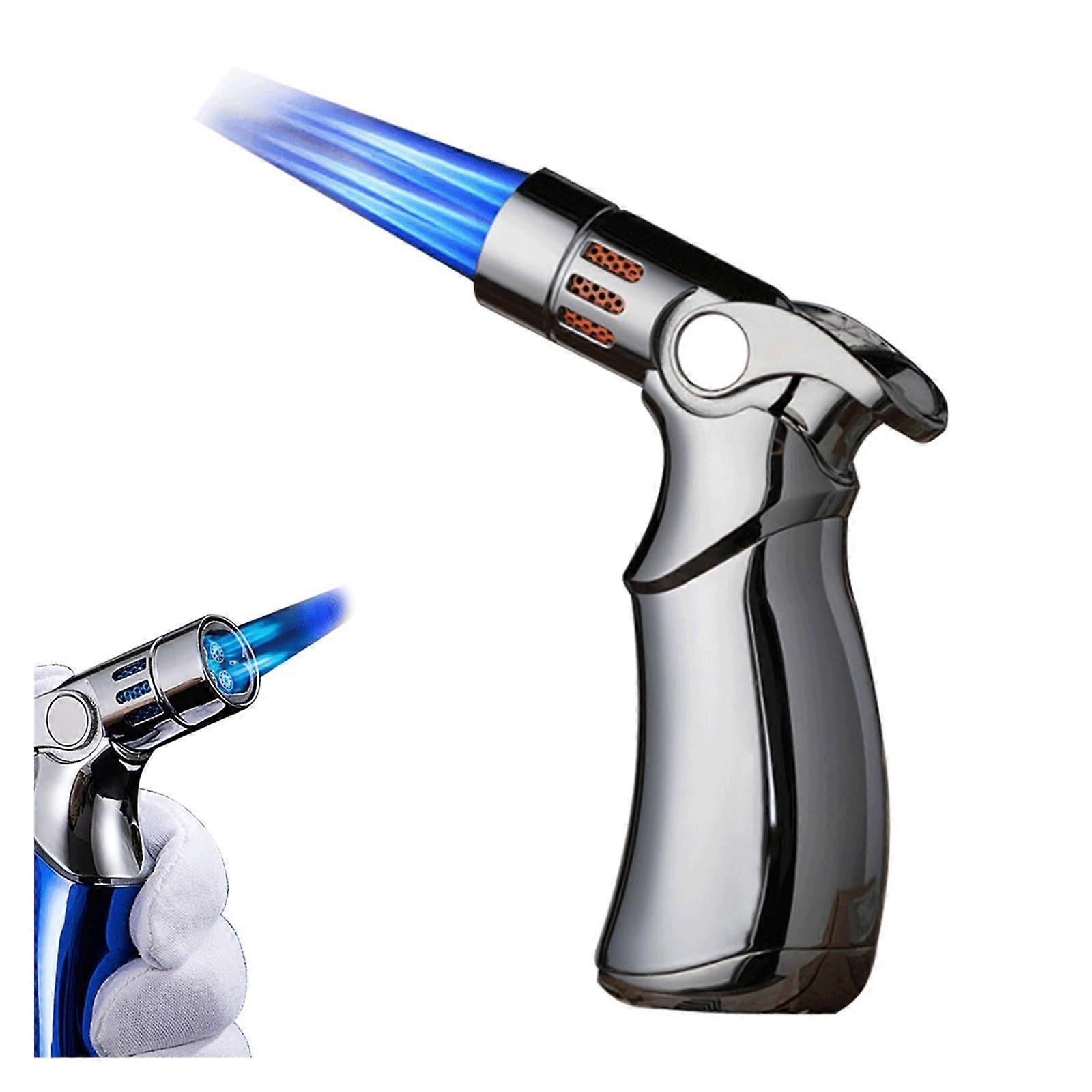 Windproof Torch Lighter Gray with Four Jet Flame Refillable Butane and Adjustable Flame for Camping