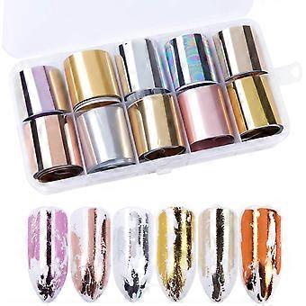 Calcomanías de uñas con estampado de color metálico, pegatinas autoadhesivas 3D, kit de decoración de manicura DIY, láminas de transferencia de láminas de uñas holográficas de larga duración,