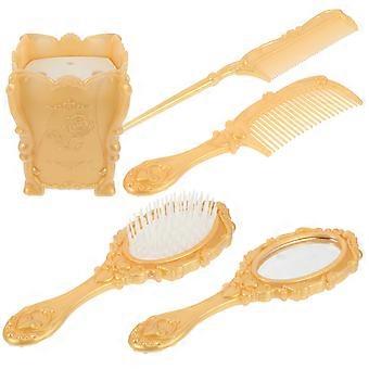 Vintage Hand Mirror Set with Hair Brush and Comb, Golden Antique Styling Tools with Holder