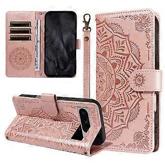 Capa tipo carteira flip para Google Pixel 8 Pro com mandala em relevo, compartimentos para cartões, suporte e alça longa.