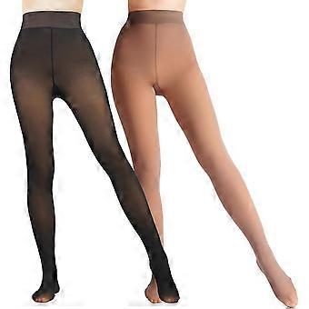 2 Pairs Women Fleece Lined Tights, Fake Translucent High Waist Thick Warm Leggings, Sheer Pantyhose, Black and Brown, Small