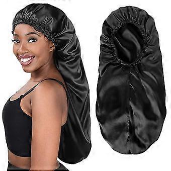 2 Pcs Women's Satin Hair Bonnets, Black Soft Elastic Band Long Satin