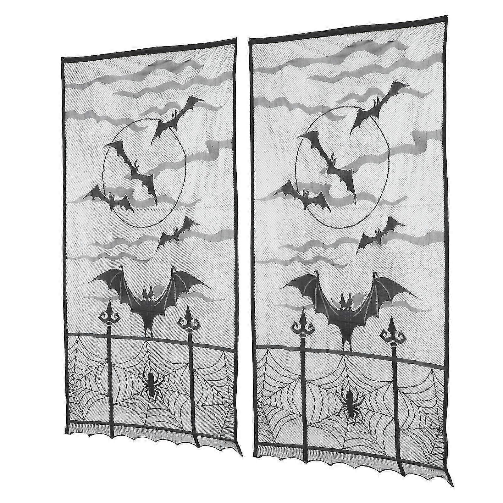 Home Ornament Halloween Spider Web Curtains 2 Sets Black Rectangular Polyester
