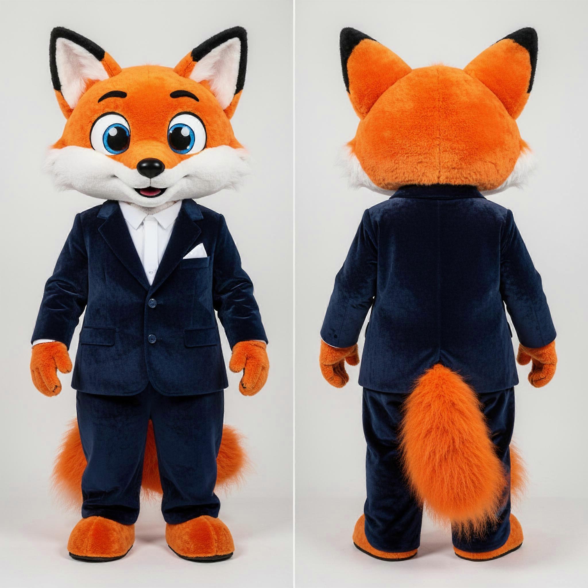 MASTICOT Navy Suited Cartoon Fox Mascot