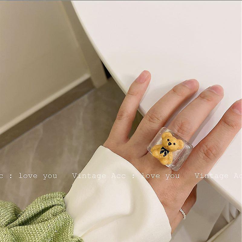 Retro Bear Ring Korean Version Versatile Transparent Color Ring Girl Wind Bear Resin Ring