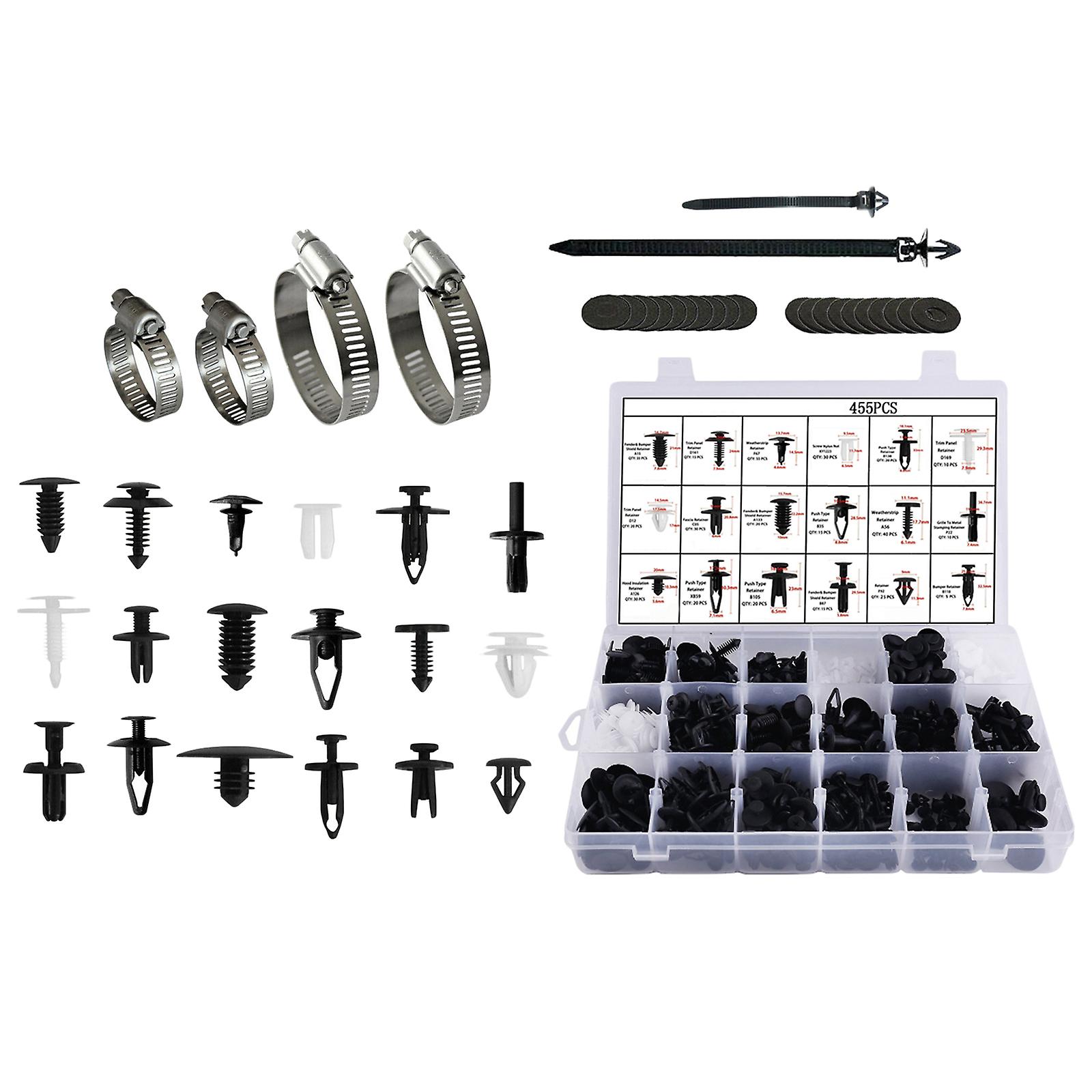 454Pc/Set Car Retainer Clips Plastic Fasteners Push Pin Rivets w/Hose Clamps