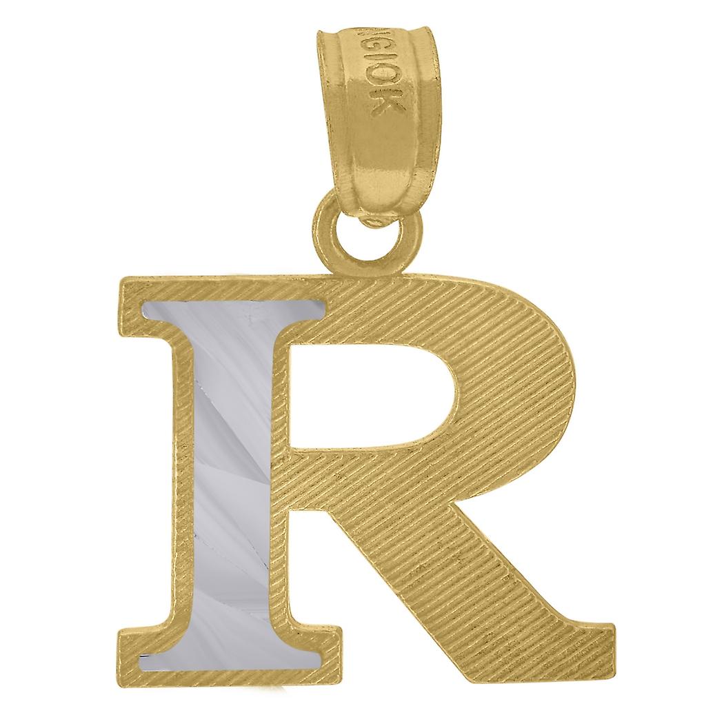 10k Two tone Gold Unisex Sparkle Cut Letter Name Personalized Monogram Initial R Charm Pendant Necklace 16.6x12.70mm Wid