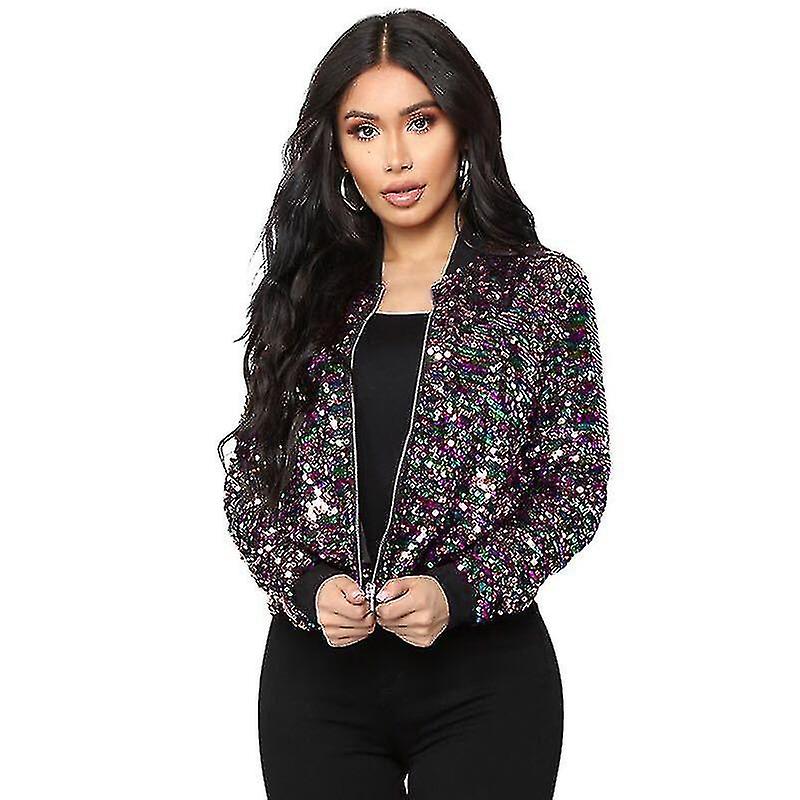 Women's Sequin Blazer Bomber Jacket with Long Sleeve and Zipper Closure