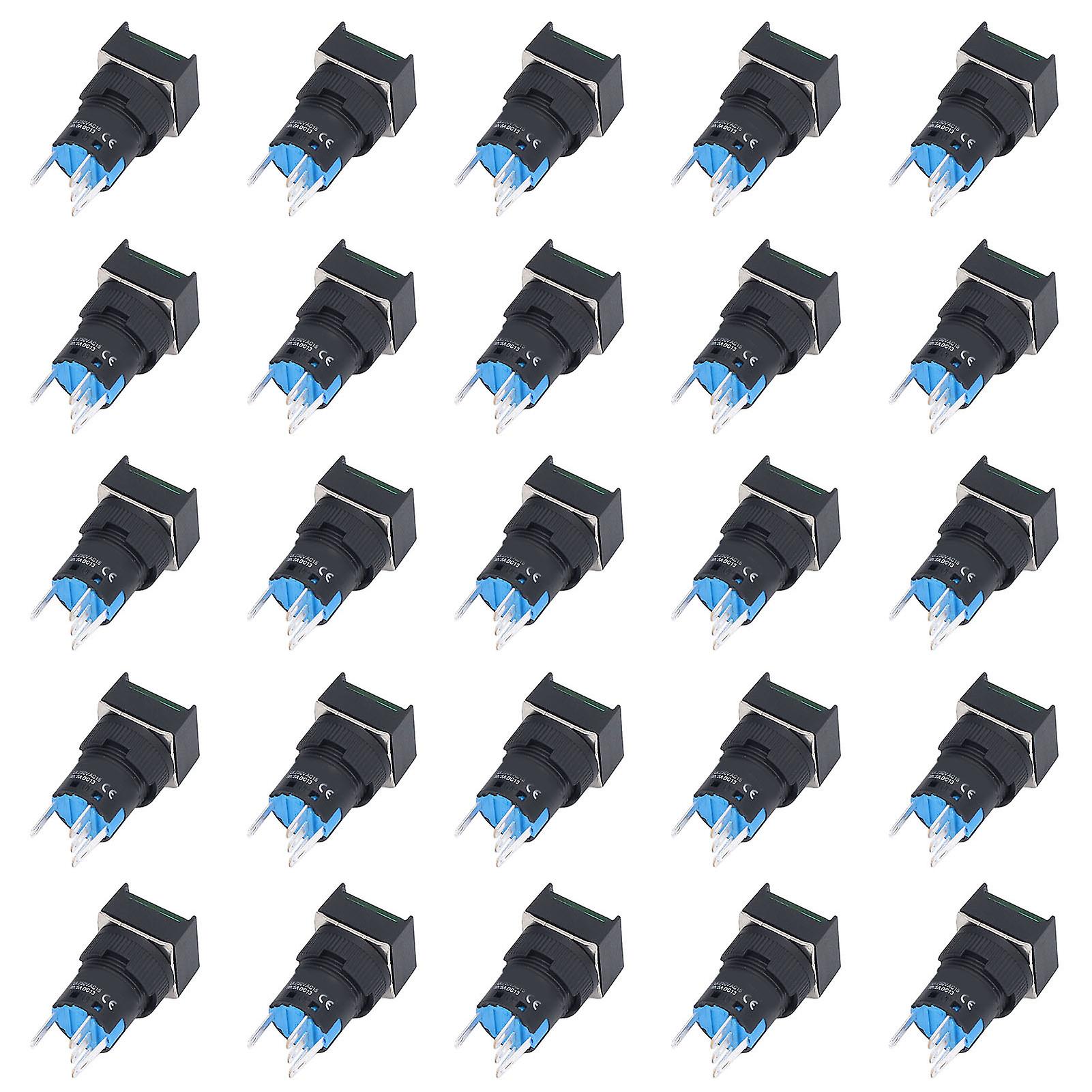 25Pcs Push Button Switch Momentary Self Locking 16mm Square with Light Set Kit 12VGreen 