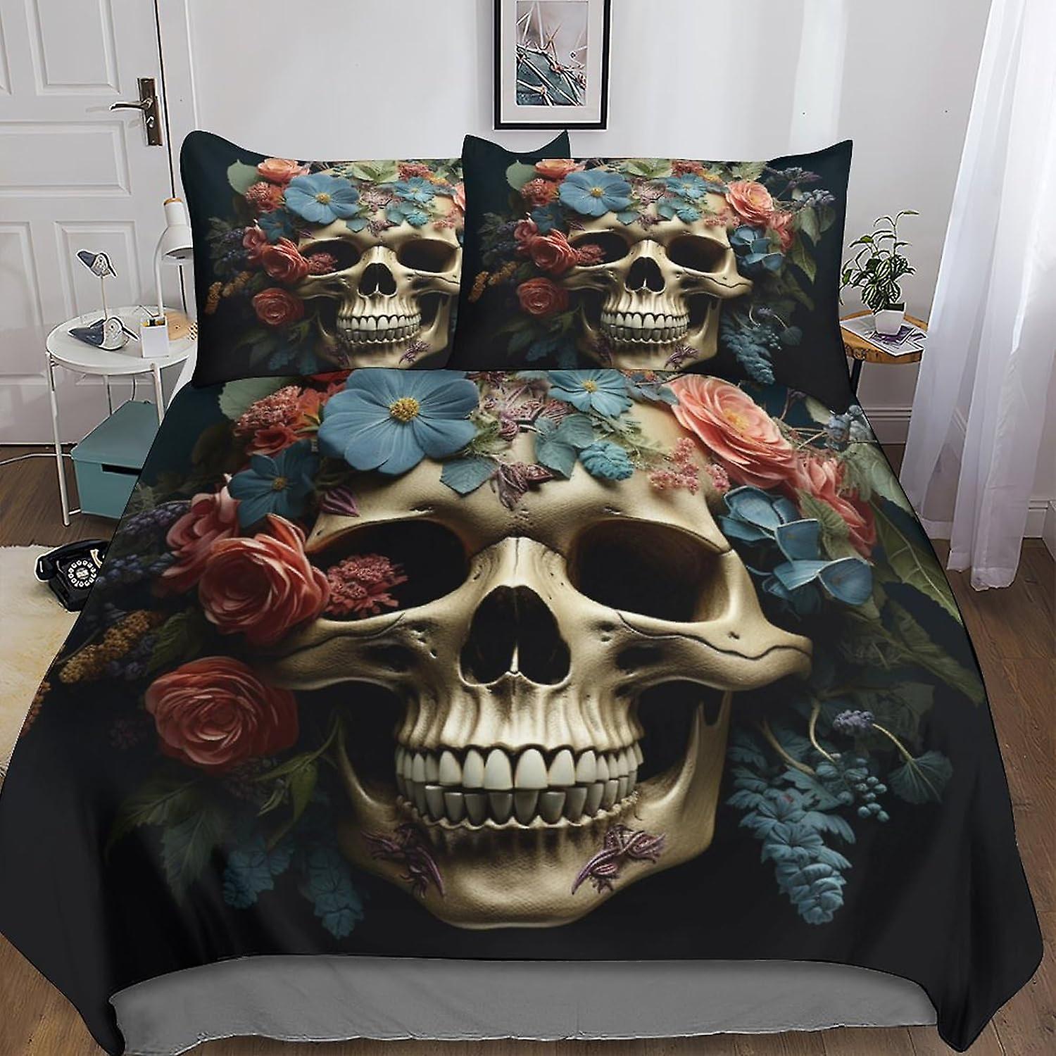VCLUST Flowers Skull Duvet Cover with Pillowcases 3D Printed Bedding Set with Zipper Closure Unique Design Anti-allergic Evil Skeleton Quilt Cover