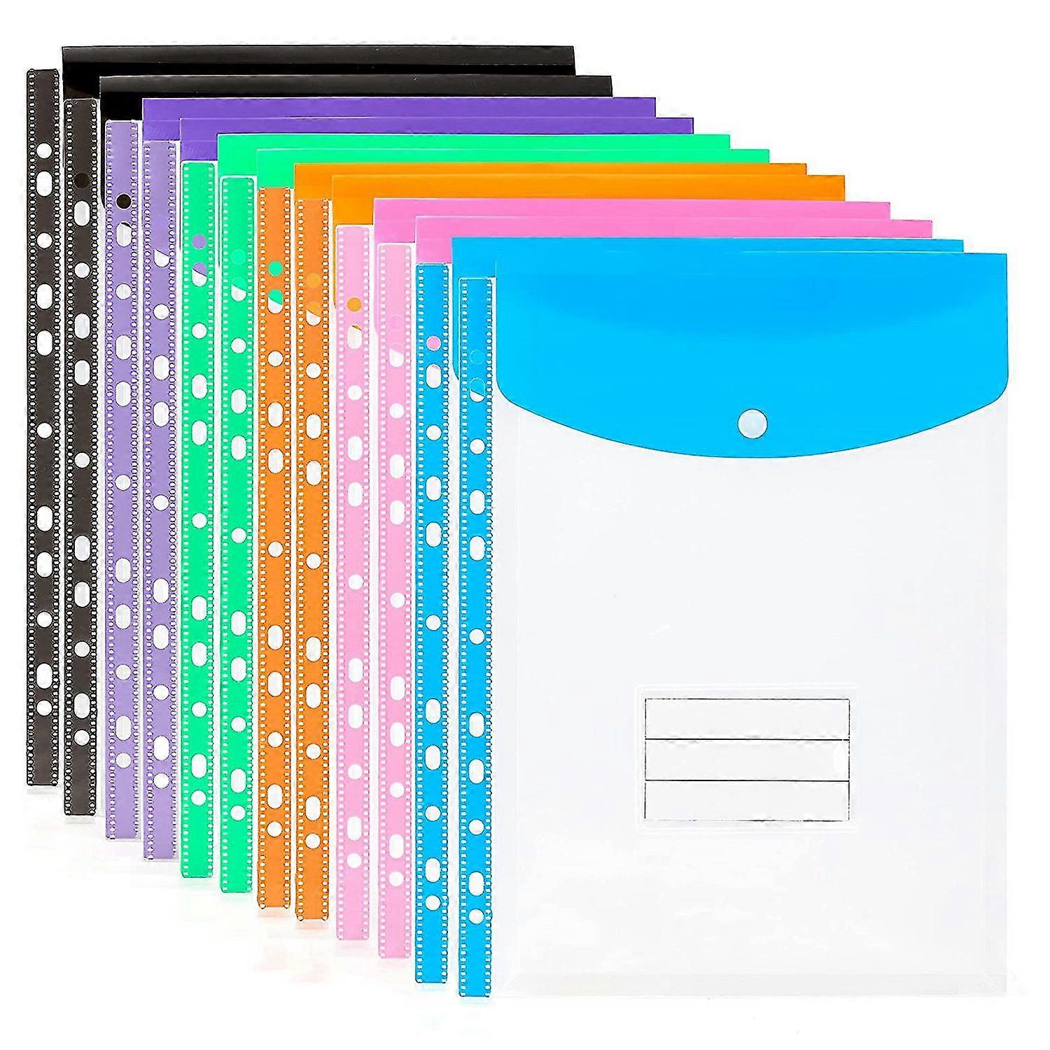 12 Pack A4 Punched Pockets Plastic Wallets - 11 Holes Expandable Binder Pocket Envelope File Folder