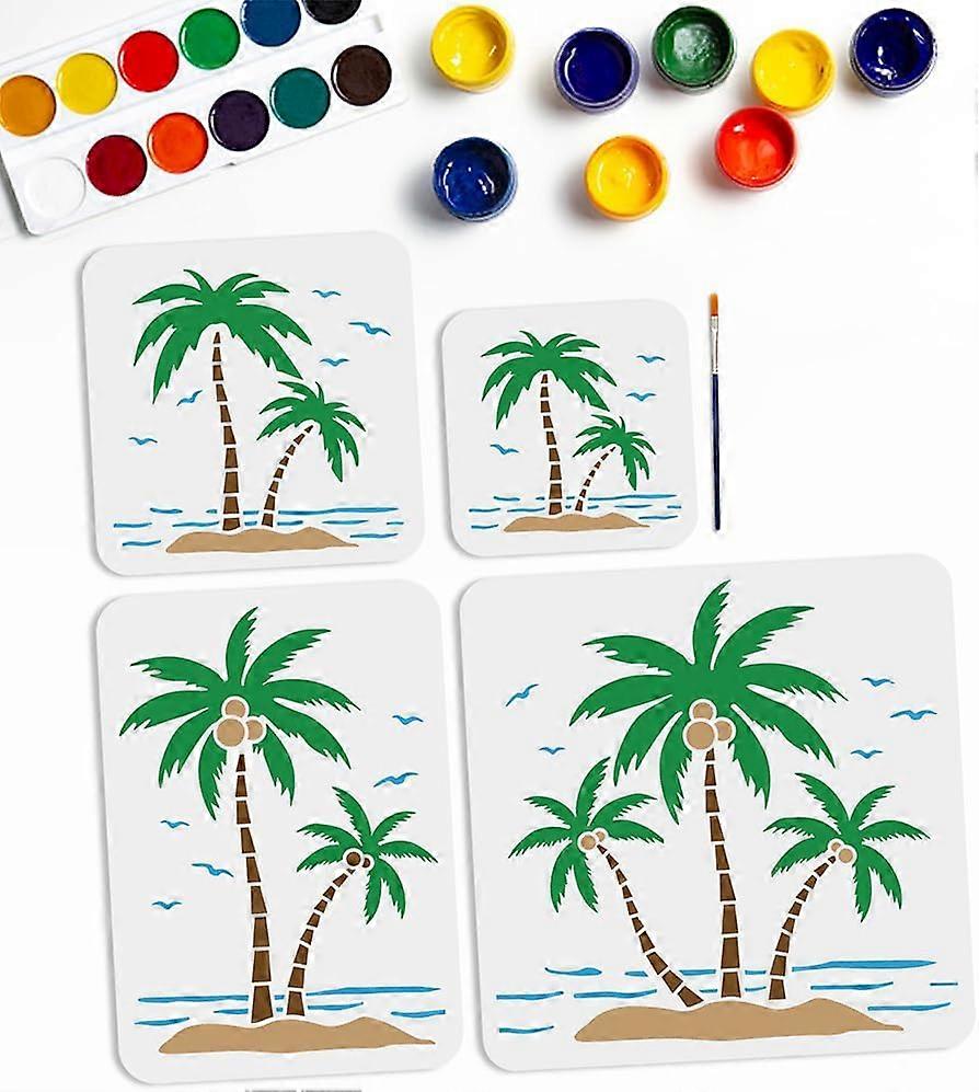 4pcs Coconut Tree Stencil 6~11.8inch 4 Sizes Palm Trees Stencil with Paint Brush Sea Beach Scenery Seaull Stencil Summer Theme Drawing Templates for W