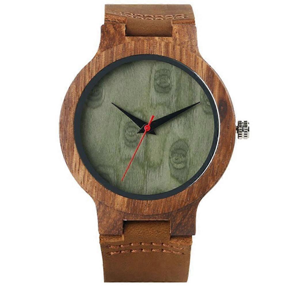 Unisex Wood Round Dial Faux Leather Strap No Number Analog Quartz Wrist Watch