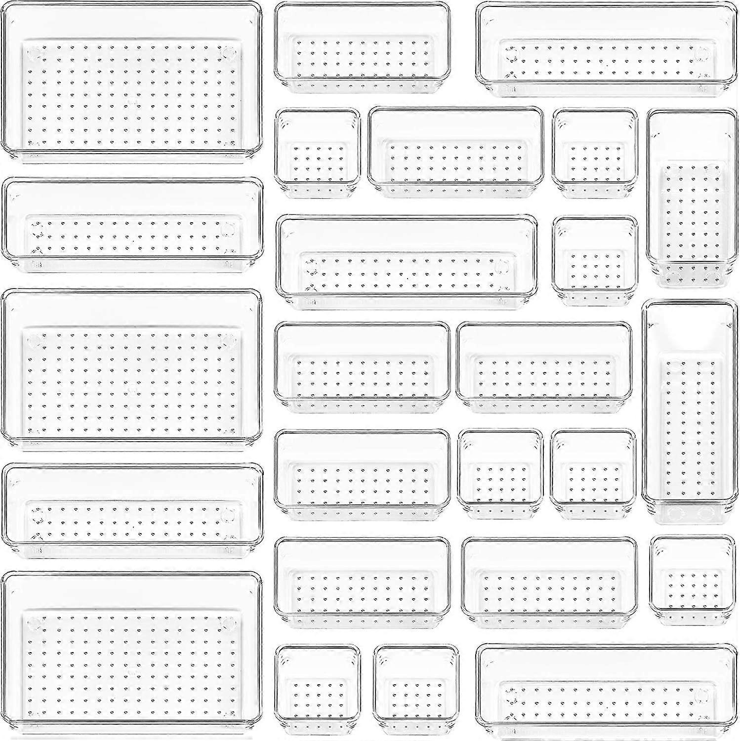 סט מארגני מגירות פלסטיק שקופים 25 יחידות, מגשי מארגן מגירות כביסה רב-תכליתיים בגודל 4 מידות ומגשי מגירות איפור