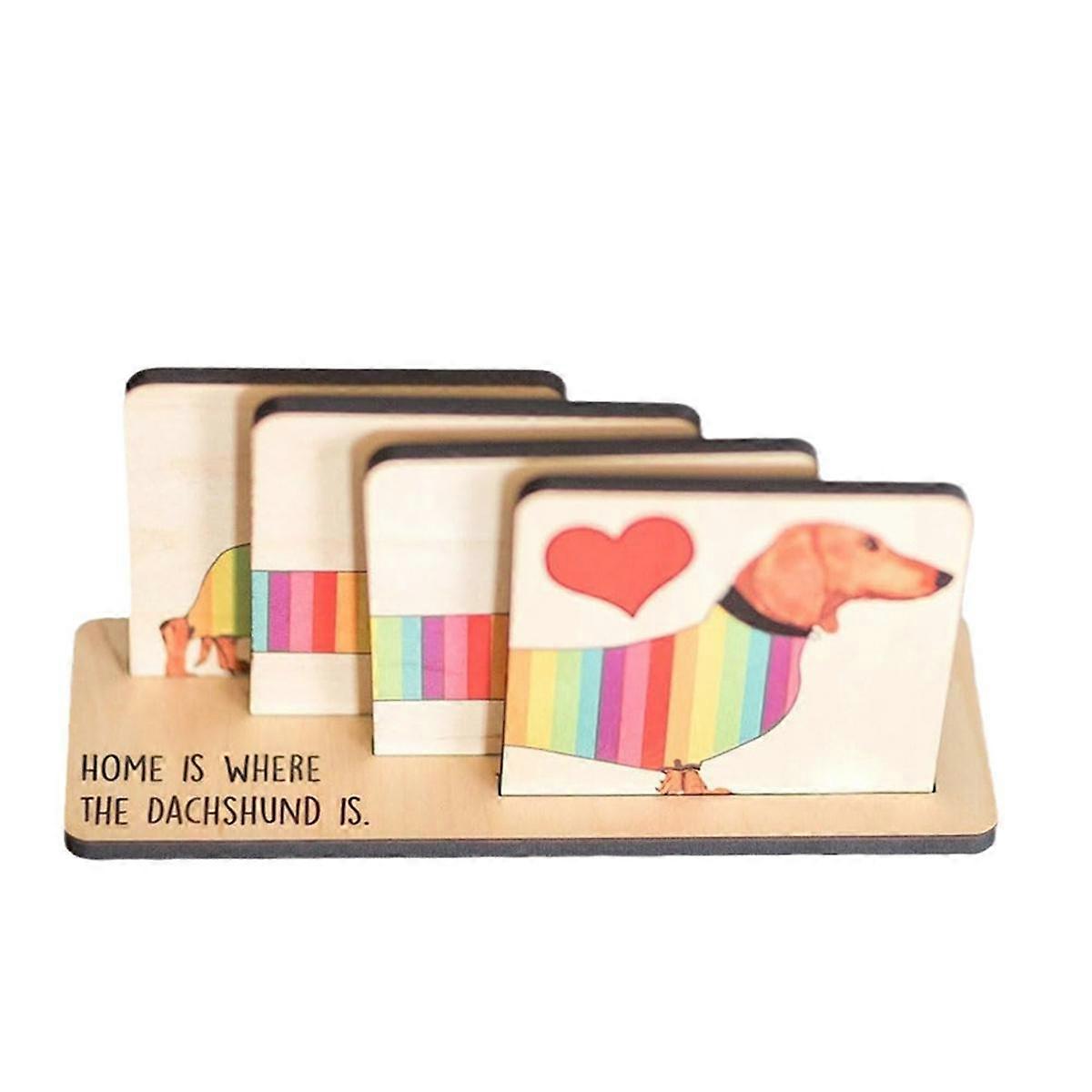 Set of 4 Dachshund Coasters with Holder, Dachshund Dog Wood Coaster Set Dining Table Decor, Animal