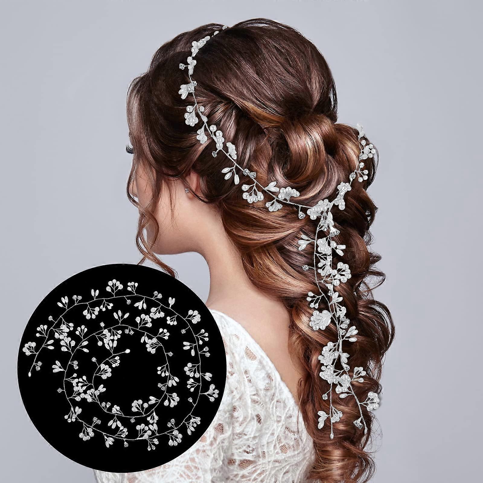 Hair Vines for Weddings Sliver Pearl Bridal Wedding Headband 39 Inch Crystals Hair Bands for Women Rhinestones
