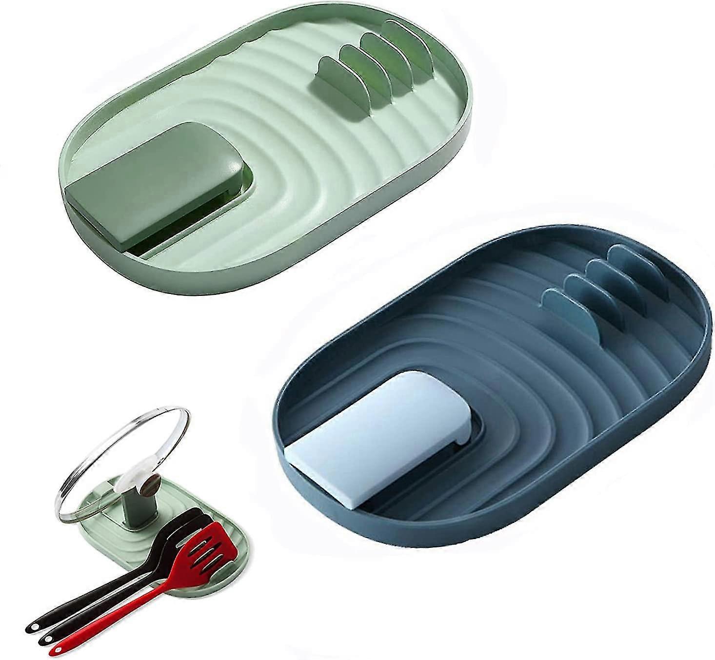 2 Piece Pot Lid and Spoon Holder,Pot Lid Rest and Cutlery Tray to Prevent Drip Stains (Blue and Green)