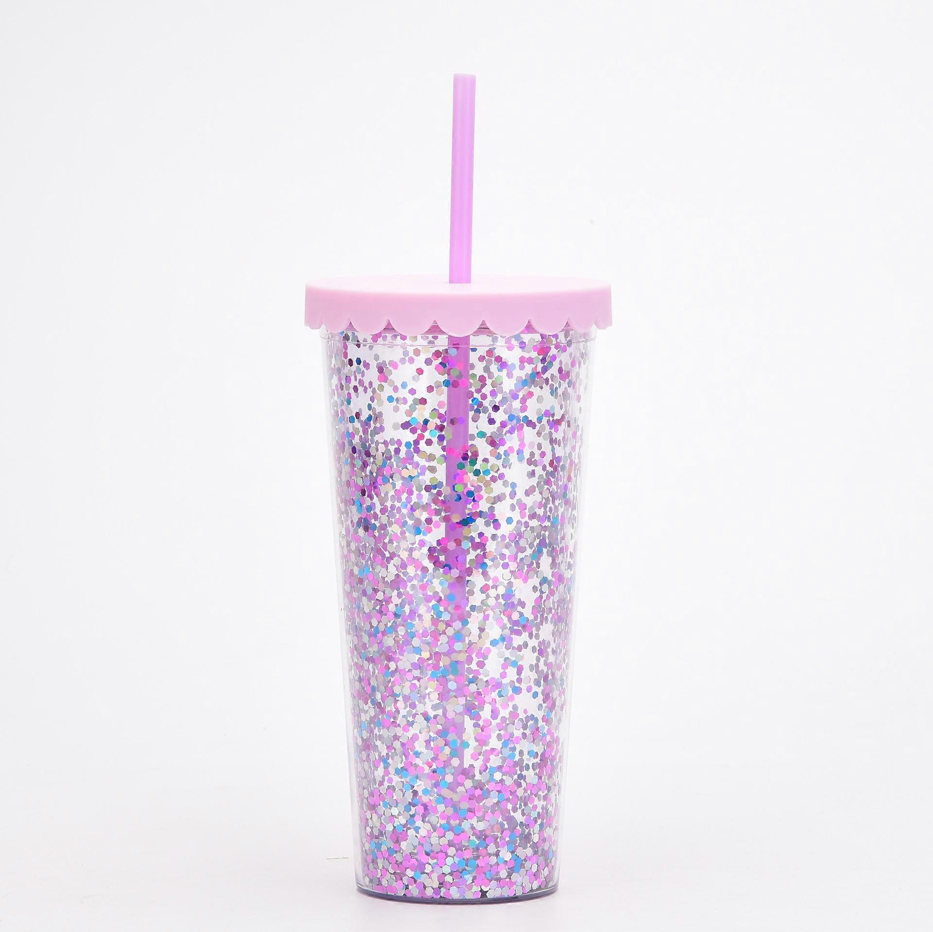 2022 new double-layer plastic cup simple transparent sequin glitter straw cup large-capacity summer water cup