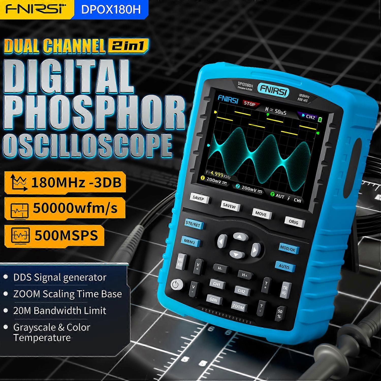 DPOX180H Handheld Digital Phosphor Oscilloscope 2 in 1 Signal Generator 180MHz -3DB Analog Bandwidth 500MSPS XY Mode ZOOM