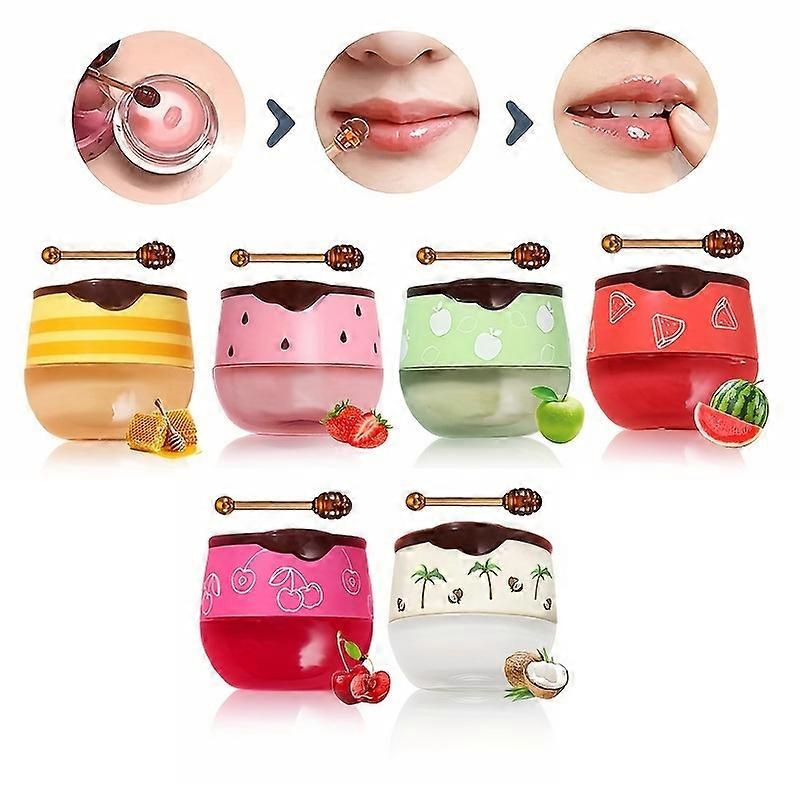 6τμχ Honey Lip Balm Honey Pot, Ενυδατική Μάσκα Χειλιών Πρόπολης με Stick, Strawberry Lip Balm Lip Mask για Ξηρά &; Σκασμένα Χείλη