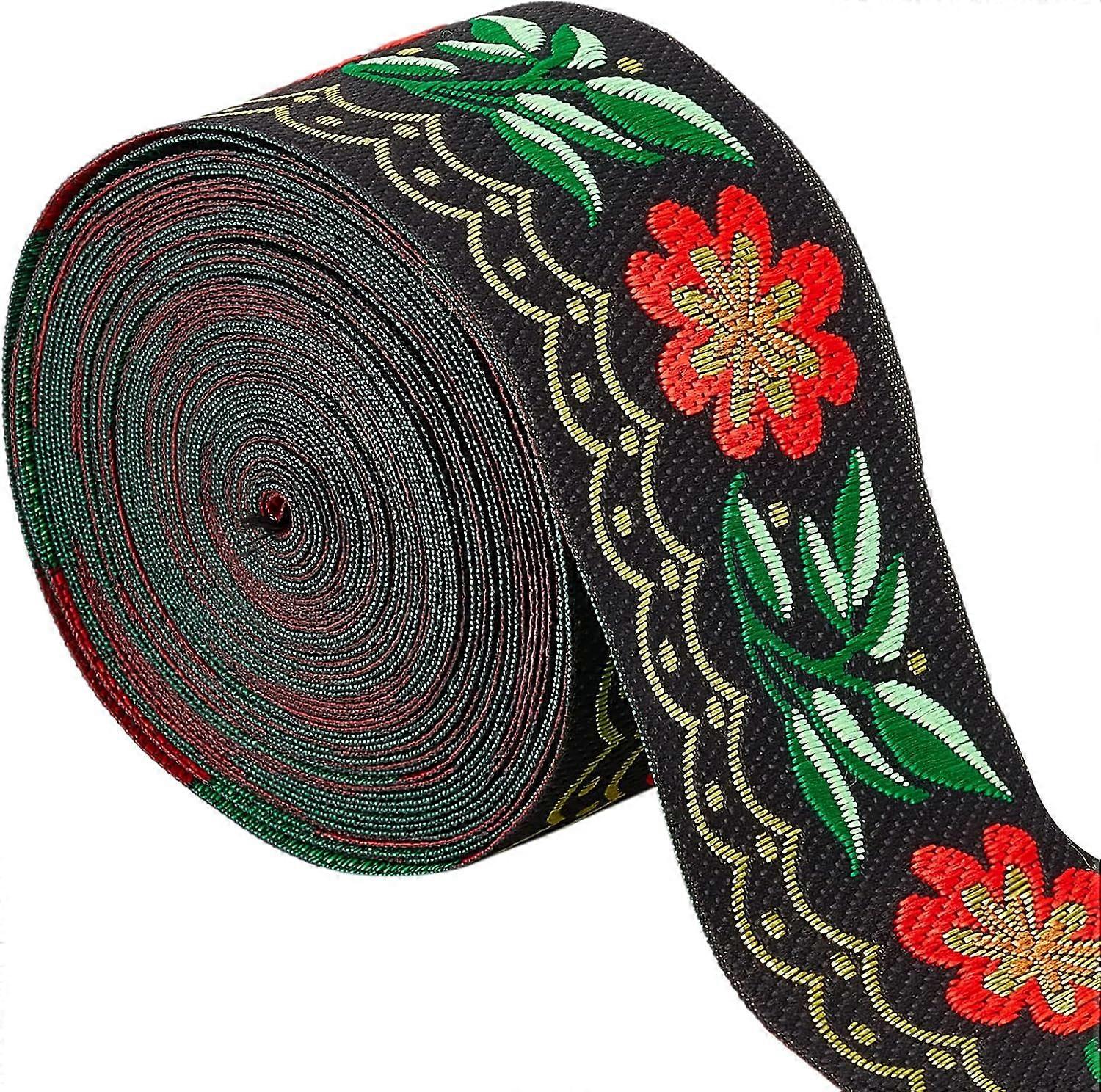 7M Floral Embroidered Jacquard Ribbon 2" Width Vintage Embroidered Ribbons Flower Woven Trim Fabric for Embellishment Craft Supplies Green