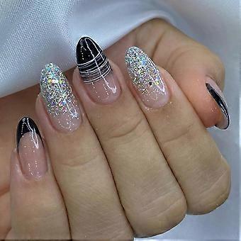 White Lines Decor Pink Black Almond False Nails Lightweight And Easy To Stick Fake Nail  Jelly Glue Model