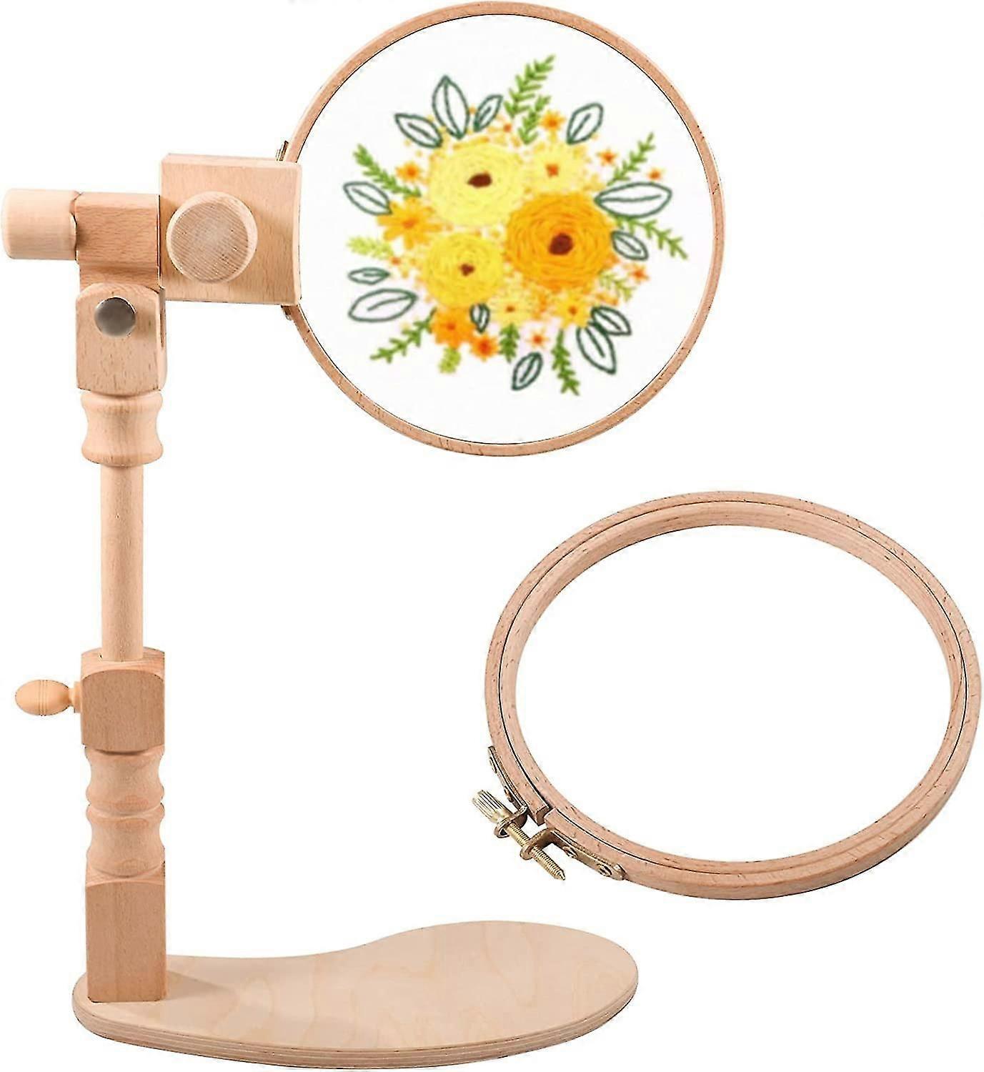 Embroidery Stand With 6 inch Hoop - Rotated Embroidery Hoop Stand, Wood Cross Stitch Frame Stand For Needlework