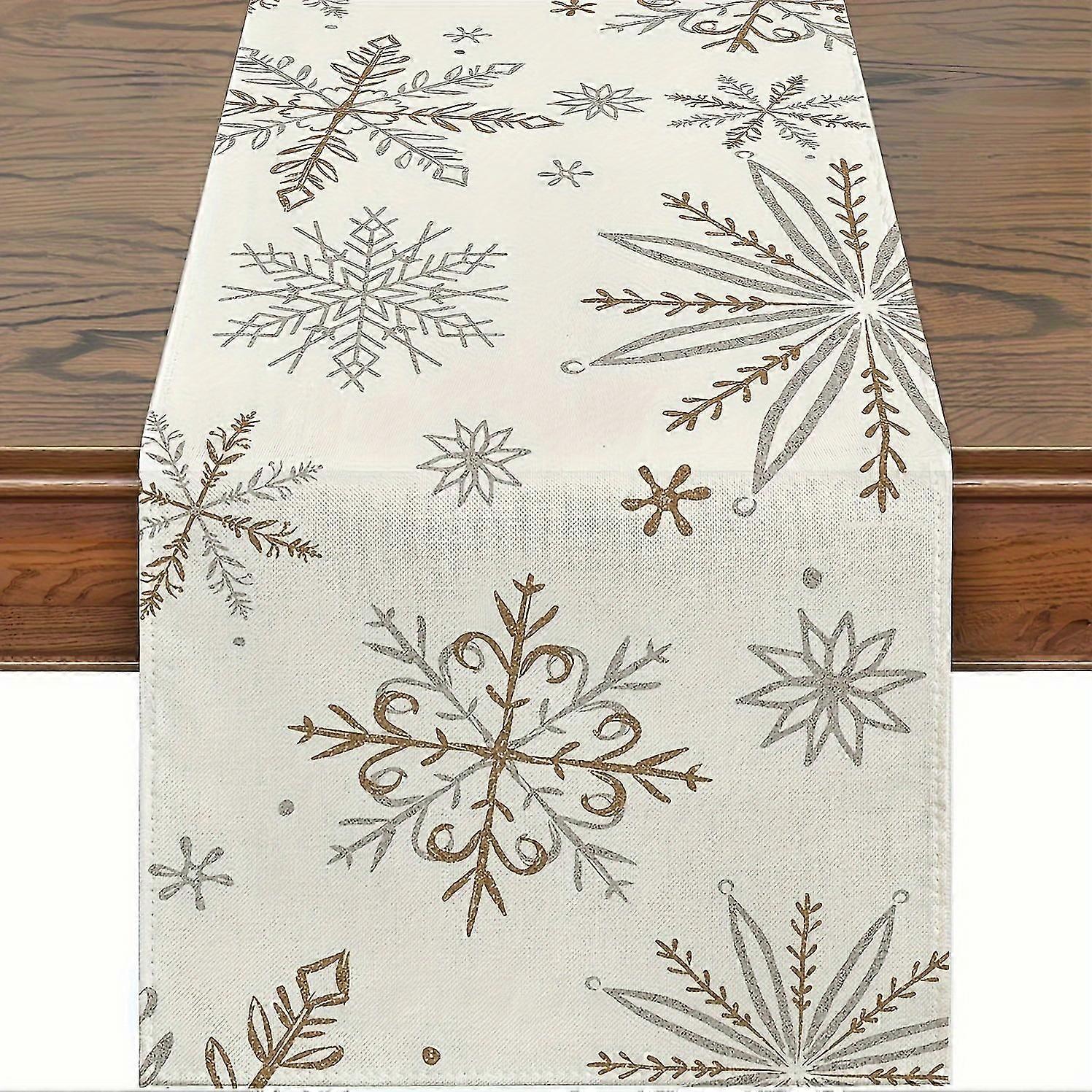 1pc, Linen Table Runner, Hello Winter Theme Table Runner, Snowflake Pattern Table Cover, Christmas Atmospheric Table Runner, Holiday Desktop Decoratio