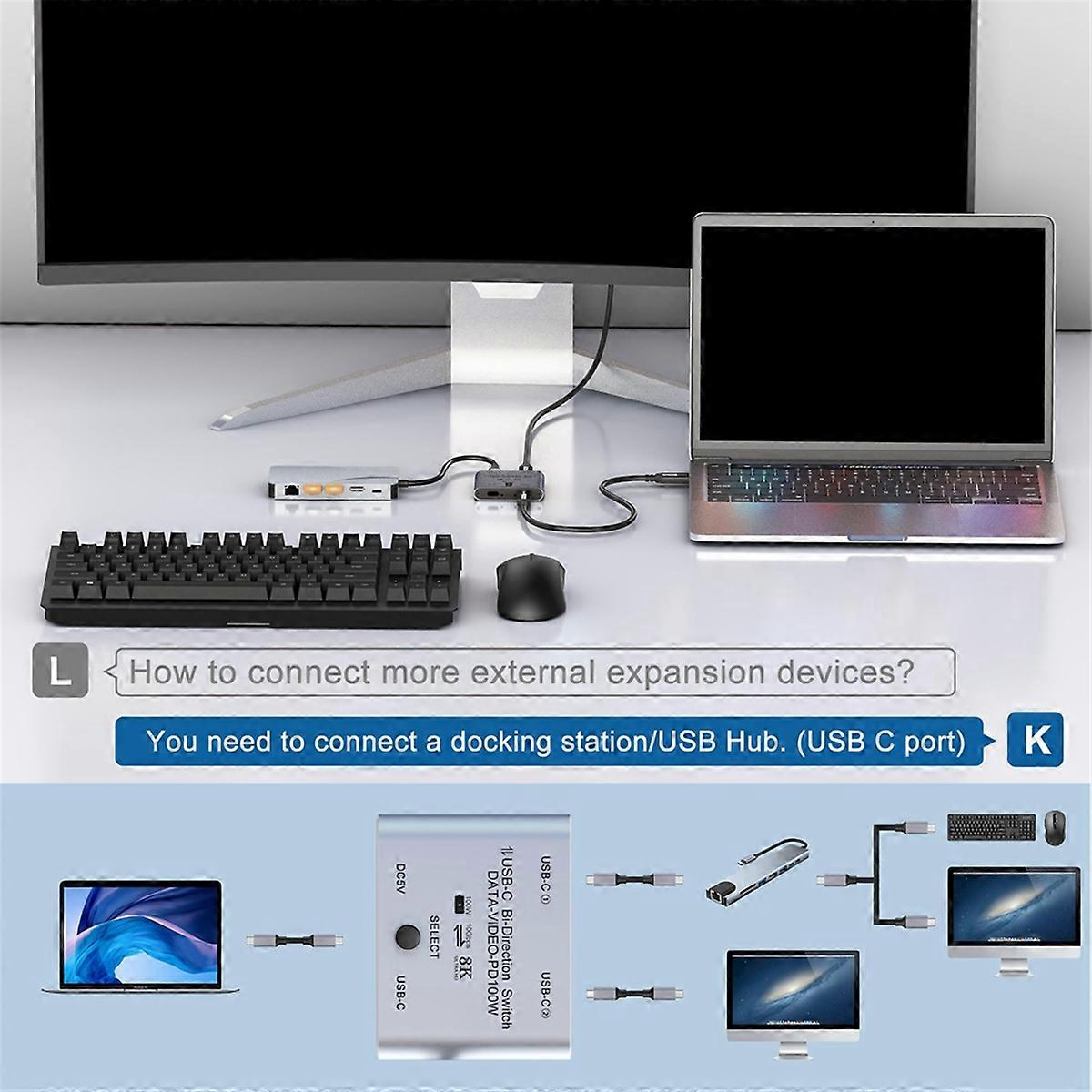 Switch Splitter pour 2 ordinateurs, bidirectionnel USB C KVM Switch 1 in 2 out pour le transfert vidéo 8K@60Hz/4K@144Hz 10Gbps