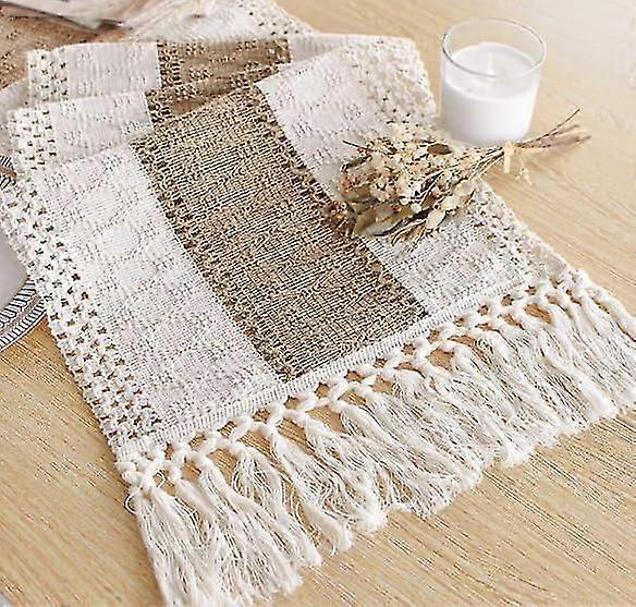 Boho Table Runner for Home Decor with Tassels 220cm Long Farmhouse Rustic Table Runner Cream & Brown Macrame Table Runner for Boho Dining Bedroom Dec