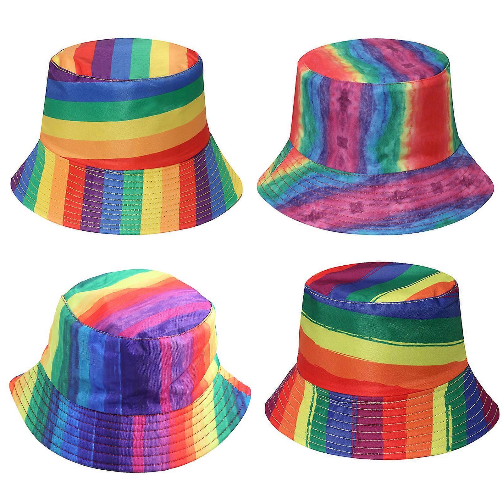 Stripe Pattern Wide Brim Summer Bucket Hat Rainbow Color Fisherman Hats for Adult Teens Skin-friendly Polyester Hats D