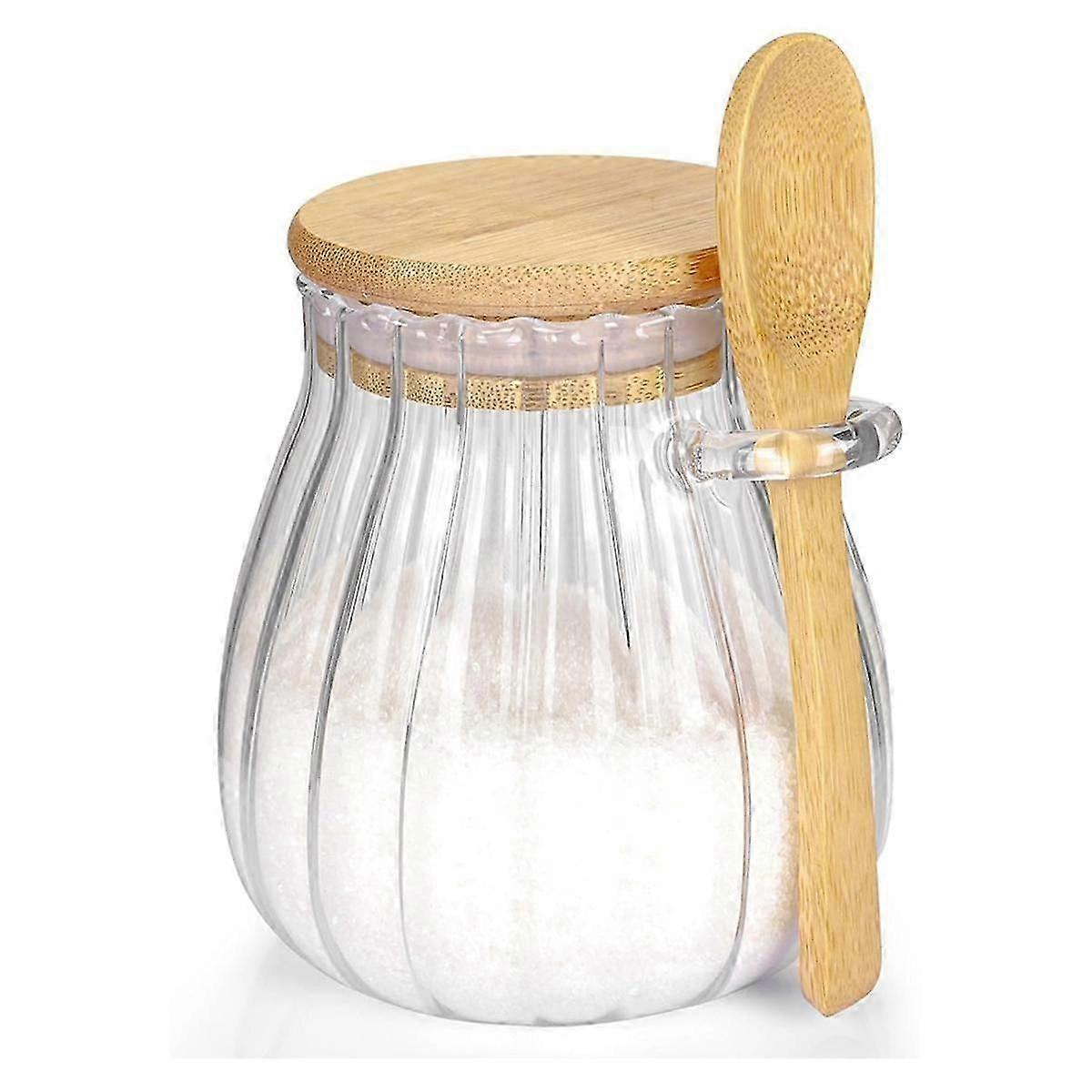 竹の蓋とスプーン付きの砂糖容器、コーヒーバーアクセサリーコーヒーキャニスターキッチン用ガラス瓶600ml