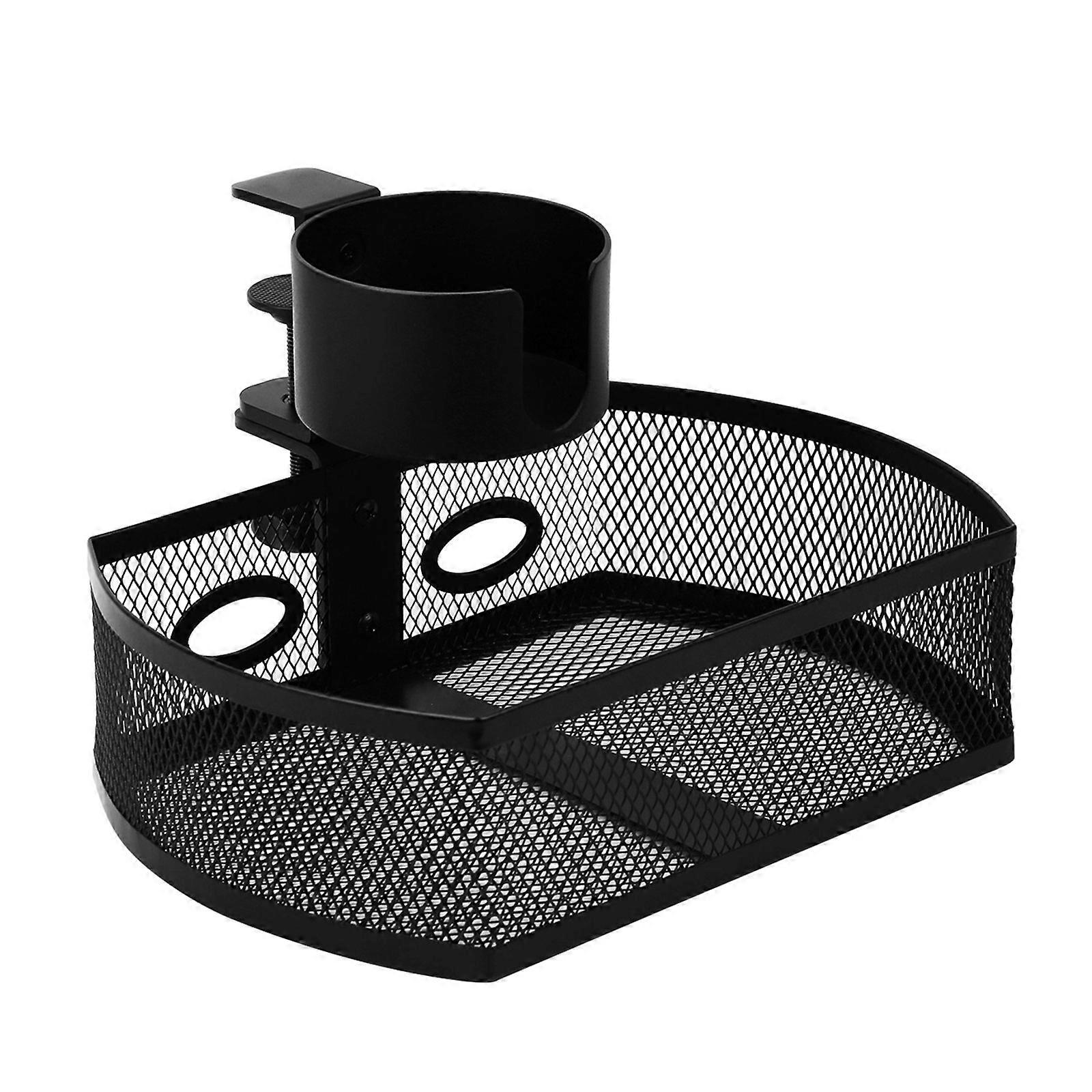 Under Desk Storage Basket with Large Capacity Swivel Drawer and Cup Holder Metal Mesh Rack Home Office Organizer Multicolor