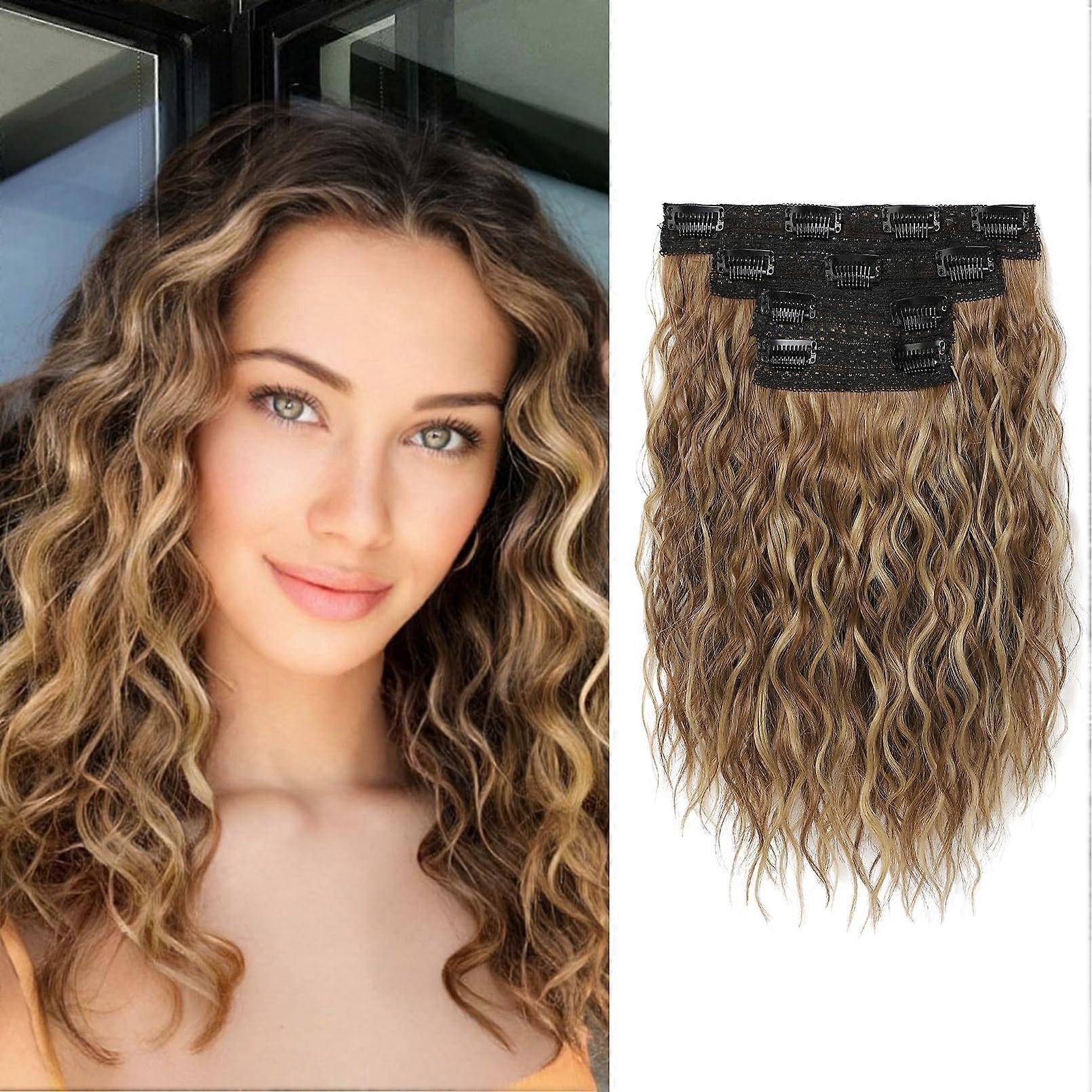 Clip in Hair Extensions 4PCS 12' Short Curly Wavy Brown Hair Extensions with Invisible Lace Weft and Highlights Light Brown with Highlights