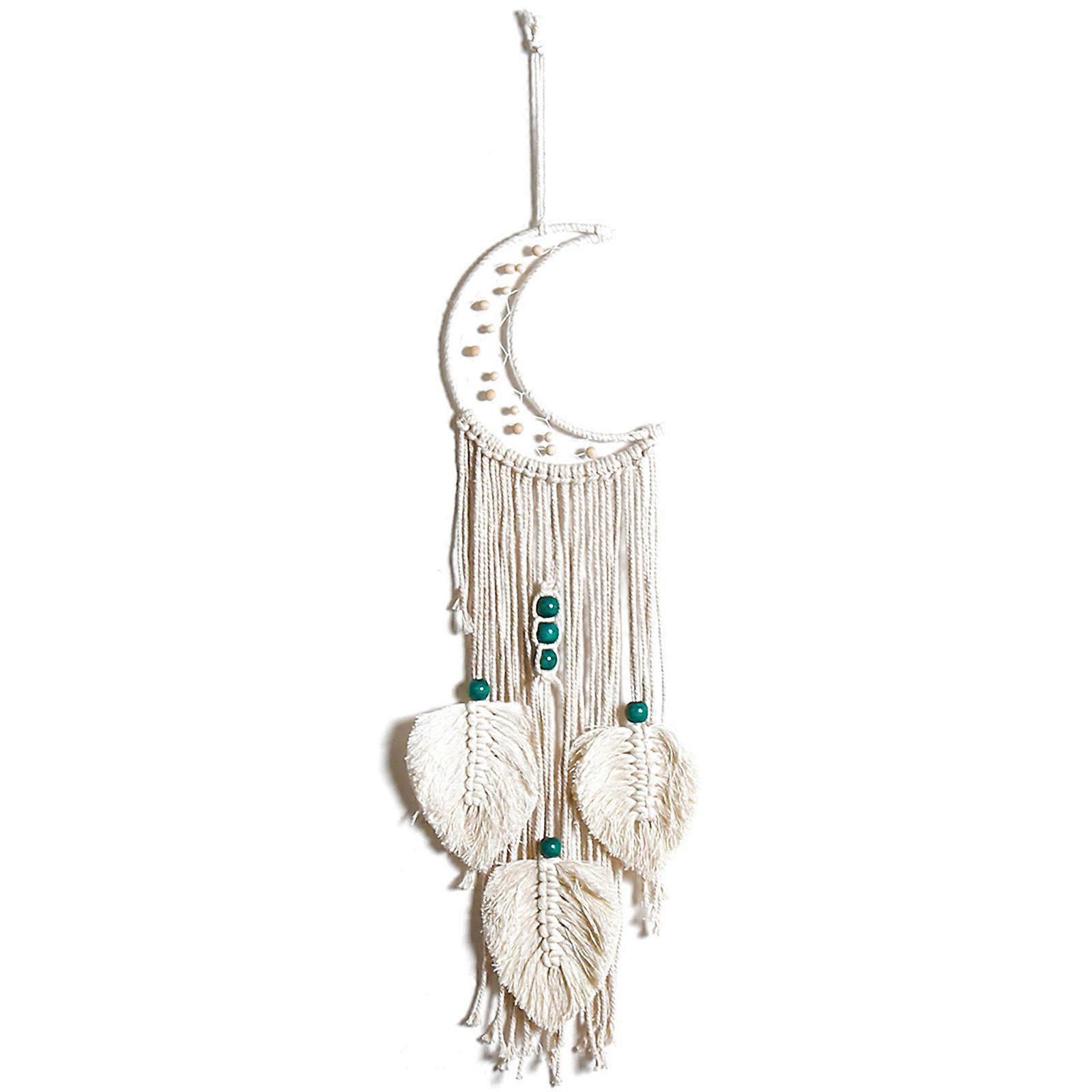 Soft and Durable Leaf Green Beaded Wall Hanging with Moon Cotton Rope for Home Decorations