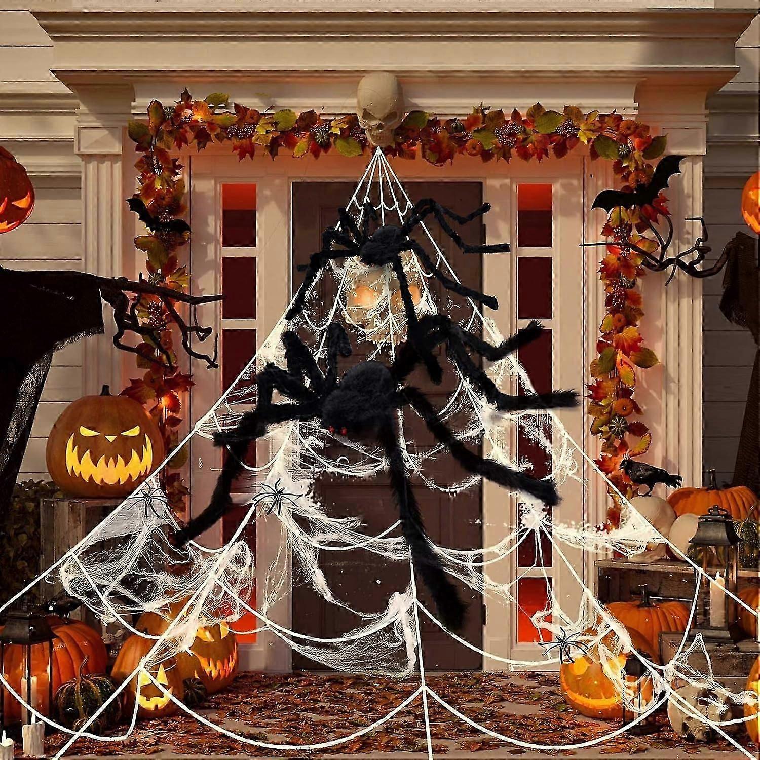 2023 Spider Webs Halloween Decorations With 200" Triangular Huge Spider Web, 2 Giant Spiders, 40ft Stretch Webs, Small Spiders, Hook And Stakes For Ha